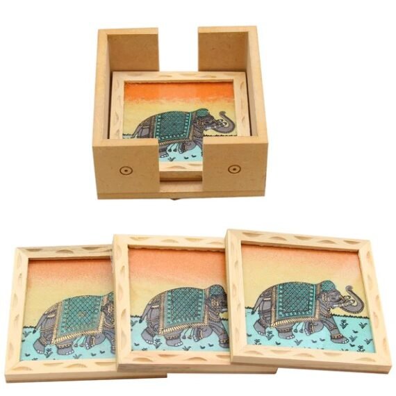 Rajasthani Handpainted Wooden Multicolour Revolving Gemstone Painted Pine Wood Handcrafted coaster set