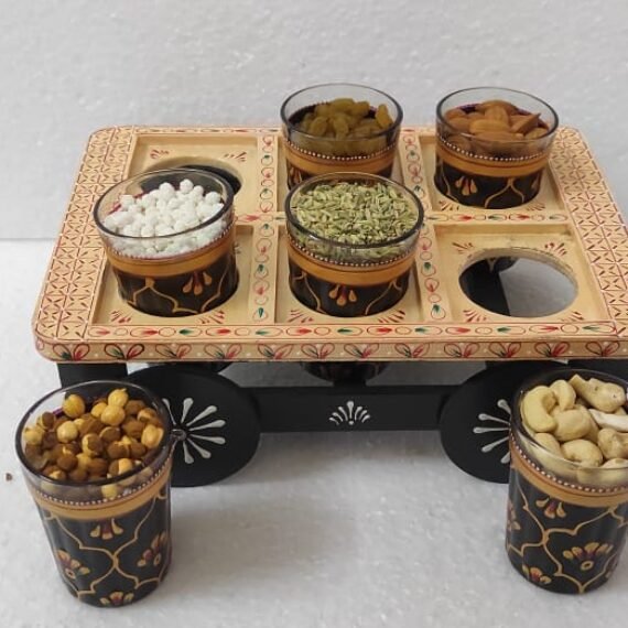 Handi Painted Wooden cart and glass Dryfruit Box